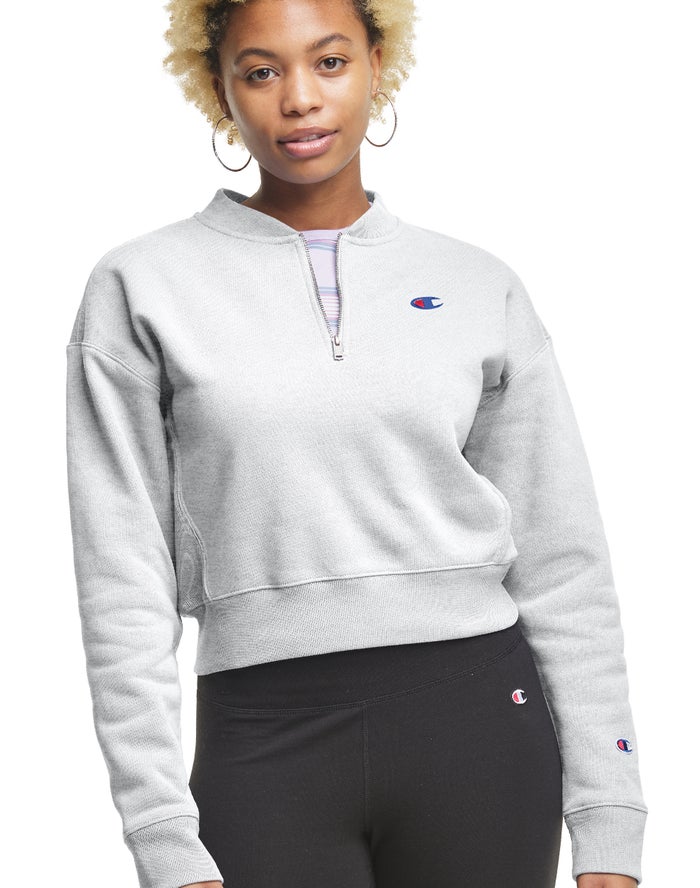 Champion Reverse Weave Cropped 1/4 Zip Kadın Sweatshirt Gri ( TSRLQJ145 )